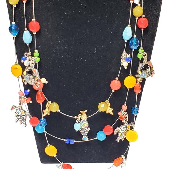 Chicos Triple Strand Bead Dangle Charm Necklace Turtle Crab Fish Beachy Surf 16" - Picture 4 of 5